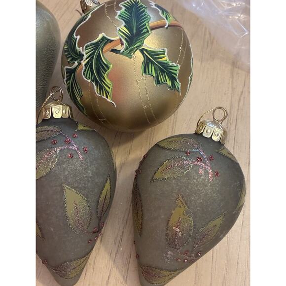 5- Green Gold hand crafted glass Xmas ornaments onion tear drop Glitter Leafs - Picture 7 of 14